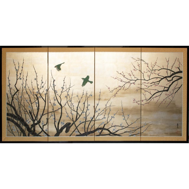"Sakura and Mejiro Birds", 1970s Showa Era Japanese Byobu Screen For Sale - Image 18 of 18