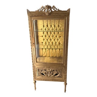 Mid-Century Baroque Carved Wooden Display Cabinet with Tufted Interior, 1980s For Sale