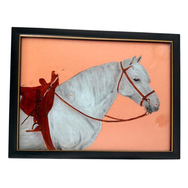 Mid-Century Modern Mid-Century Diminutive Reverse Painted Glass Equestrian Portrait, Modernist Folk Art For Sale - Image 3 of 10
