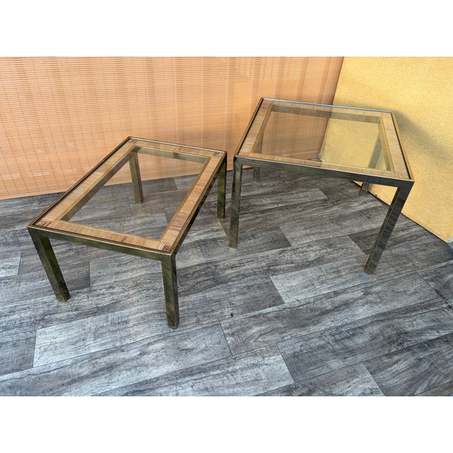 1970s A Pair of Hollywood Regency Gold Brass and Wicker Side Tables in the Milo Baughman Style. C. 1970s For Sale - Image 5 of 18