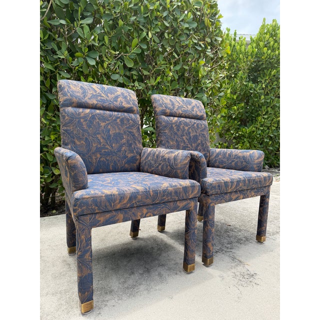 Postmodern Vintage Mastercraft Parsons Style Armchairs With Brass Sabots, a Pair For Sale - Image 3 of 16
