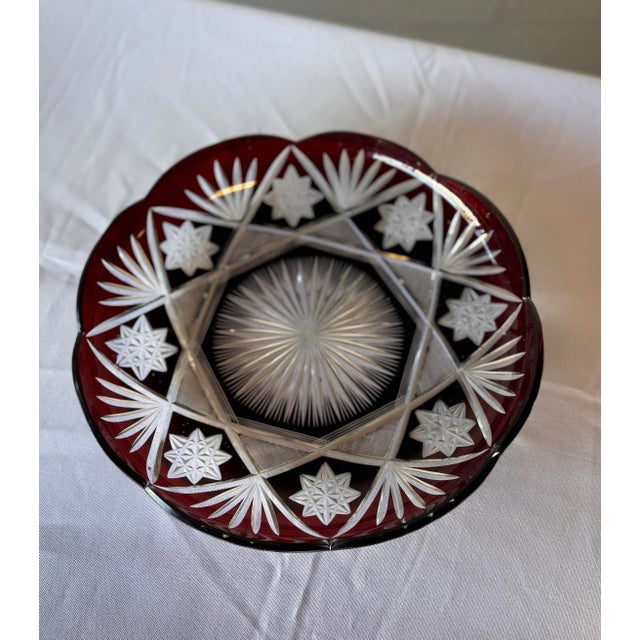 Antique Czech Bohemian Ruby Red Art Deco Hand Cut to Clear Crystal Plate Featuring Starburst Geometric Patterns , C. 1920 For Sale - Image 4 of 8