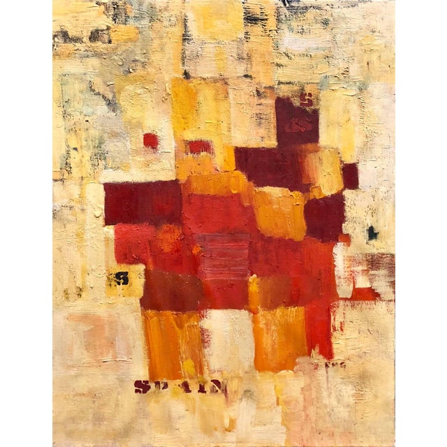 Abstract Orange Squares on Yellow "Spain" Stencilled Letters Mod Oil Painting For Sale