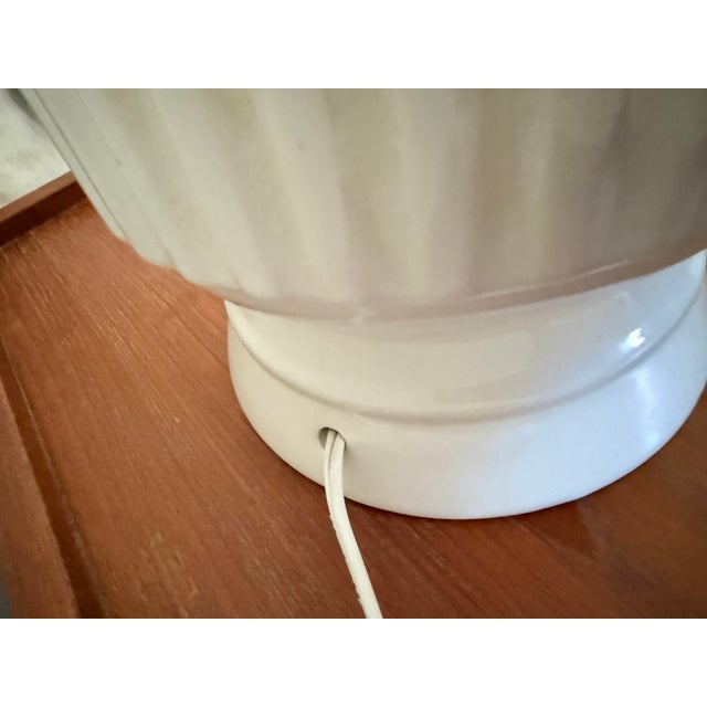 Vintage Mid-Century Danish Modern White Fluted Ceramic & Teak Table Lamp For Sale - Image 9 of 11