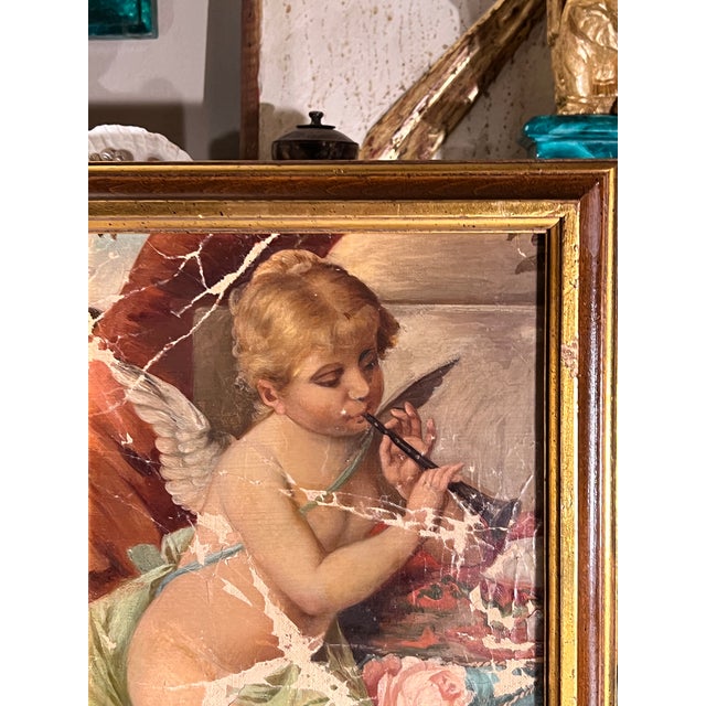 19th Century 19th Century French Rococo Oil on Canvas Cherub Painting in Parcel Gilt Frame For Sale - Image 5 of 12
