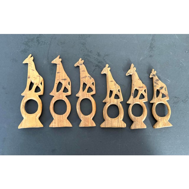 Late 20th Century Vintage Hand Carved Wood Giraffe Napkin Rings Made in Africa Set of Six For Sale - Image 5 of 5