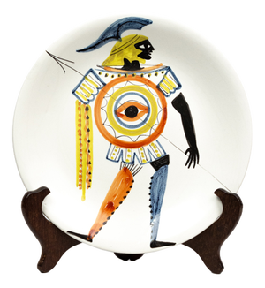 Hand-Painted Glazed Earthenware Plate with Eye-Shield Hoplite by Roger Capron for Vallauris, 1960