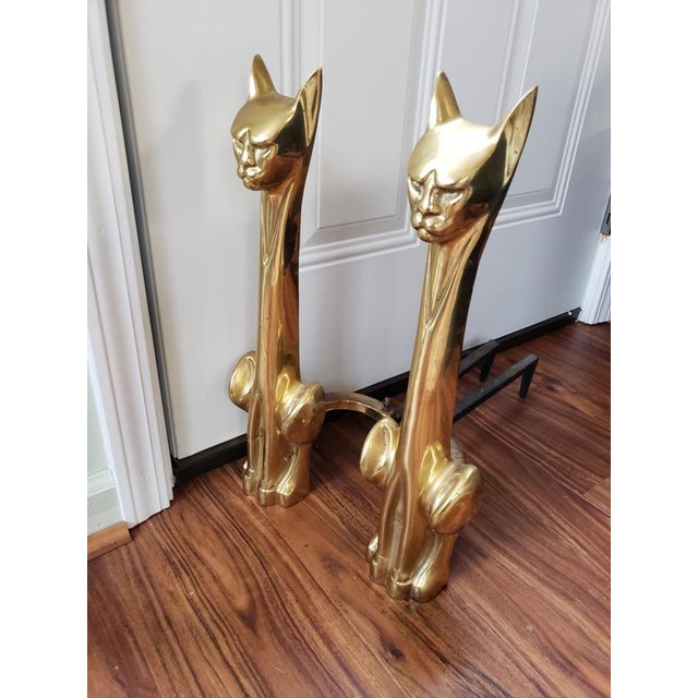 1950s Mid Century Modern Brass Siamese Cat Fireplace Andirons a Pair