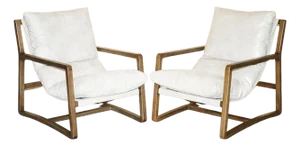 Set of Grey Leather and Beech Wood Armchairs