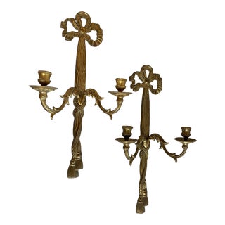 Vintage Brass Double Candle Wall Sconce With Bow, Ribbon and Tassel Design For Sale