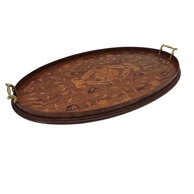 English Monumental English Butler's Gallery Tray Edwardian Ornate Inlay Mahogany 27" For Sale - Image 3 of 14