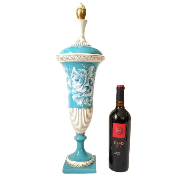 Offering a rare monumental 23 inch vintage R. Capodimonte turquoise blue hand painted porcelain lidded urn or vase, circa...