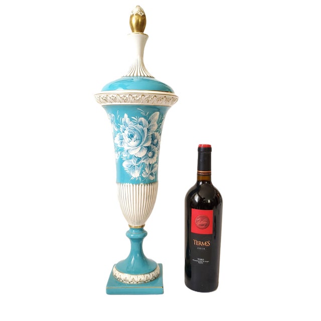 Offering a rare monumental 23 inch vintage Capodimonte turquoise blue hand painted porcelain lidded urn or vase, circa Mid...
