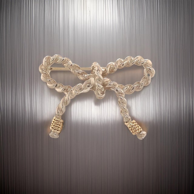 1990s Tiffany & Co Estate Twisted Rope Bow Brooch Pin Silver + 14k Gold 5.8 Grams For Sale In New York - Image 6 of 11