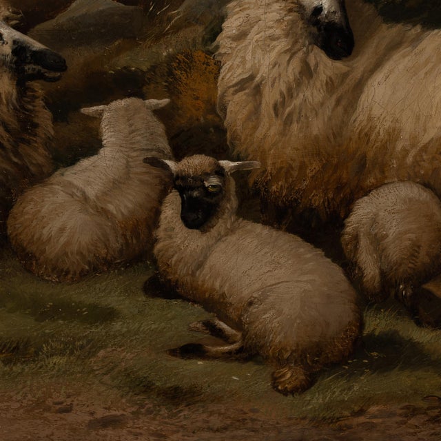 19th Century Large Oil on Canvas of Scottish Highland Sheep and Shepherd For Sale - Image 4 of 12