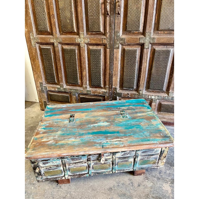 Rustic Vintage Chest Wedding Trunk With Blue Patina For Sale In Orlando - Image 6 of 7