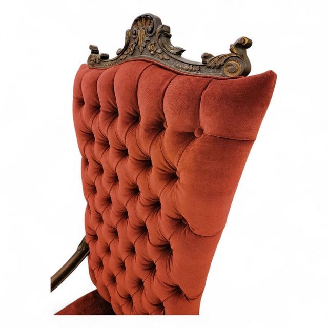 Late 19th Century Antique Victorian Carved Ornate Oversized Tufted Back Throne Chair Newly Reupholstered For Sale - Image 5 of 8