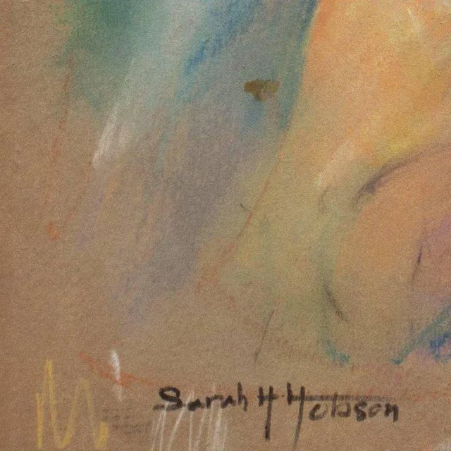 A sensitively drawn pastel study of a young woman with red hair shown wearing a blue dress and gazing to the viewers...