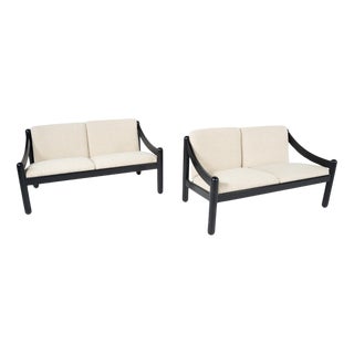 Set of Mid-Century Modern Carimate 2-Seater Sofas in Lacquered Wood and Bouclé Sofa attributed to Vico Magistretti, 1970 For Sale