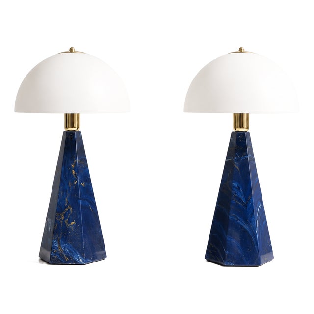 Postmodern Art Deco Revival Italian Prisma Table Lamps in Blue Marble and Opal Glass, 1990s, Set of 2 For Sale