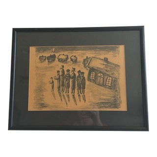 1960s Simon Karczmar Framed Print Blessing the New Moon Jewish Shtetl Life For Sale
