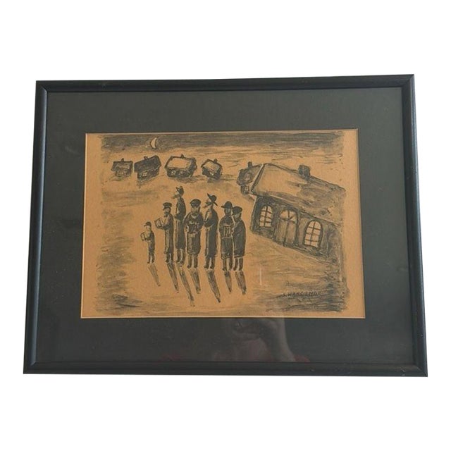 1960s Simon Karczmar Framed Print Blessing the New Moon Jewish Shtetl Life For Sale