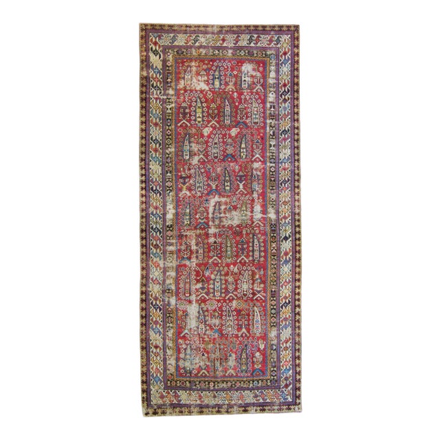 1900s Antique Red Distressed Geometric Handwoven Runner - 4’2.5” X 10’ For Sale