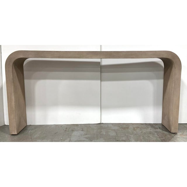 Organic Modern Beige Reeded Waterfall Console Table, showroom floor sample