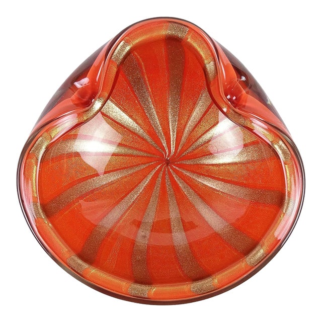 Murano Barbini Vintage Large Persimmon Orange Gold Flecks Aventurine Stripes Italian Art Glass Bowl For Sale
