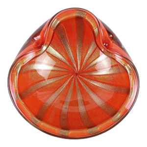 Murano Barbini Vintage Large Persimmon Orange Gold Flecks Aventurine Stripes Italian Art Glass Bowl