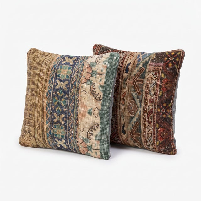 This 24'' x 24'' pillow cover set was made from authentic Turkish rug pieces — vertical tribal stripe bands in sand, teal...