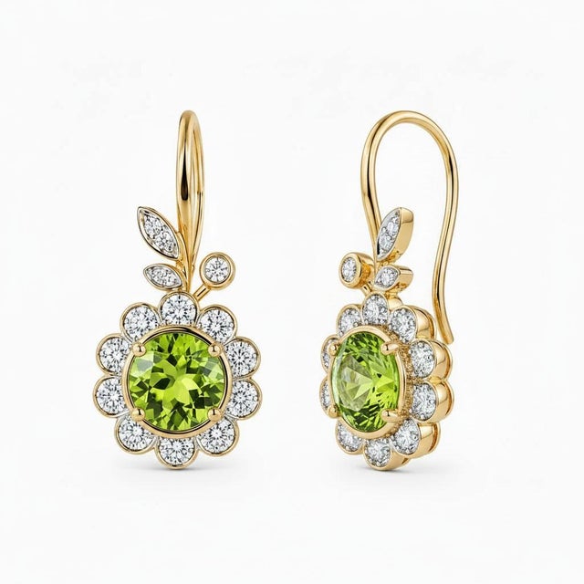 Nature-Inspired Peridot Floral Cluster Earrings. Romantic Peridot Blossom and Leaf Dangle Earrings. Botanical Peridot...