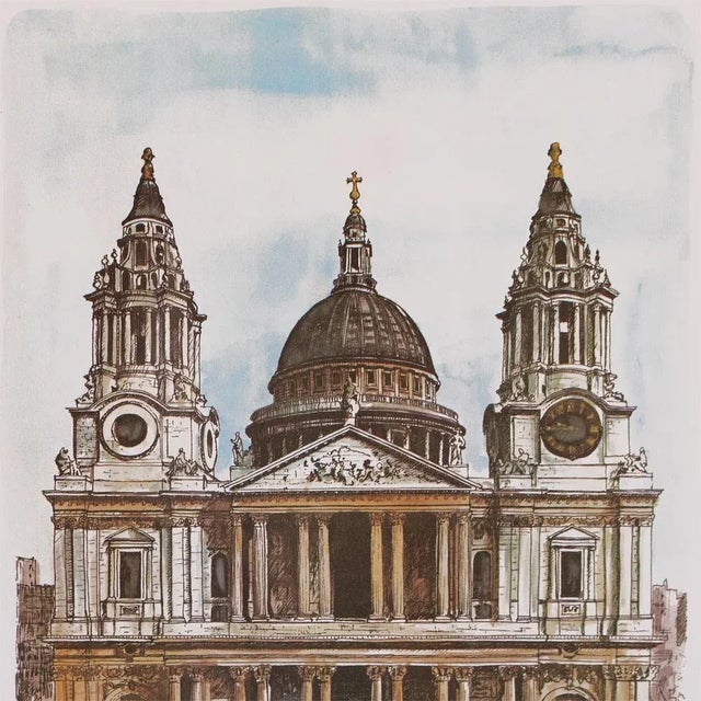 Vintage full color Neoclassical, English Traditional or American Classical Style print after watercolor of St. Paul's...