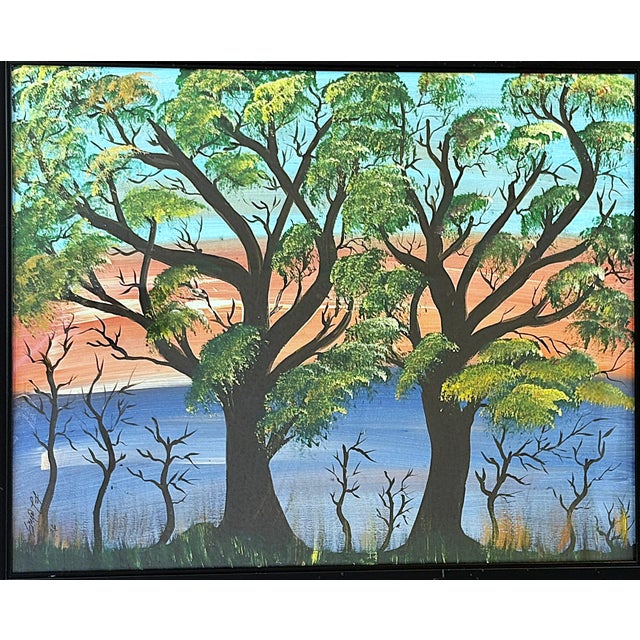Colorful original framed and signed acrylic painting on canvas from the early 21st century. This primitive outsider art...