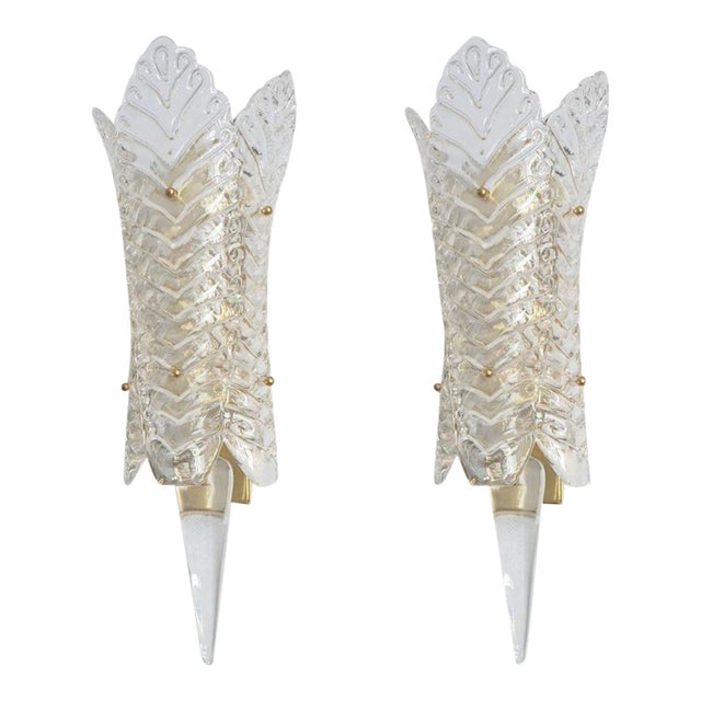 1970s Clear Murano Glass Mid Century Modern Sconces - A Pair For Sale
