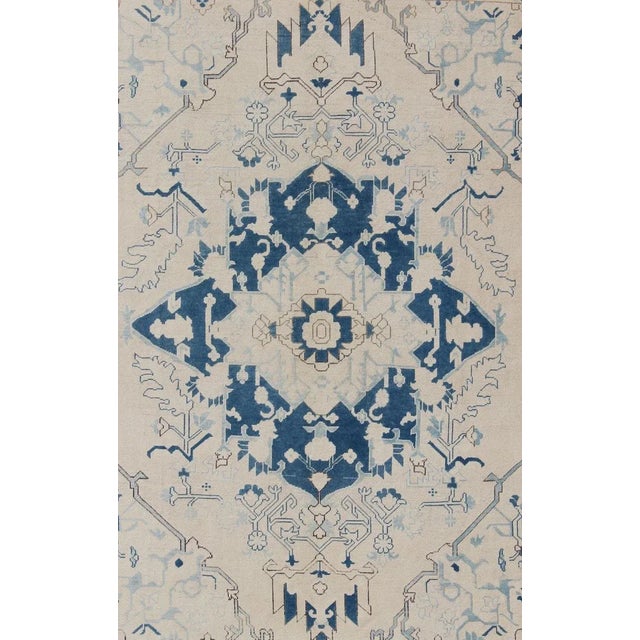 Geometric design Medallion Oushak rug from 1940's Turkey in ivory and blue tones, rug en-165321, country of origin / type:...