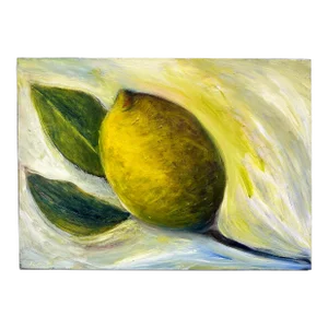 “Lemon With Two Leaves” Acrylic on Canvas Portrait Painting by Judy Gittelsohn