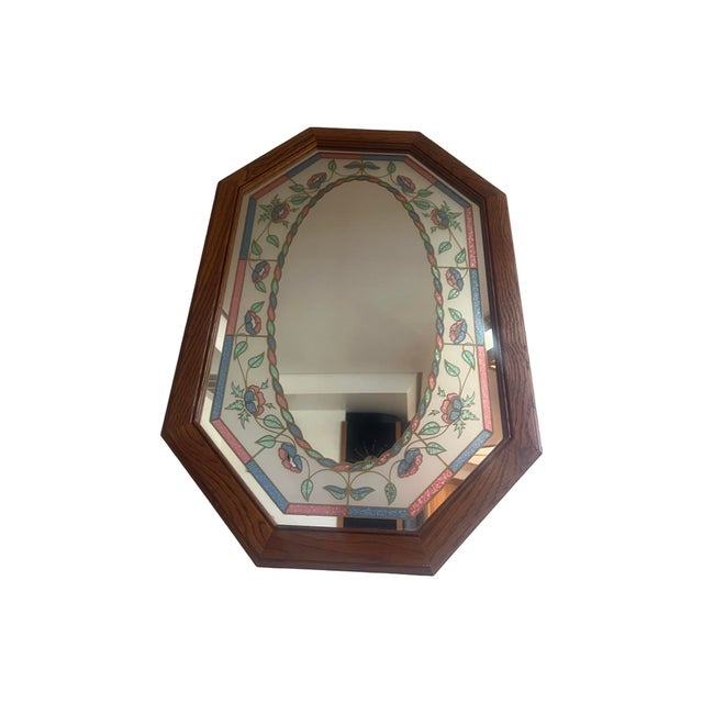 Vintage Octagon Wall Mirror: 1980s Postmodern Leaf Design, Windsor Oak Frame For Sale - Image 10 of 12