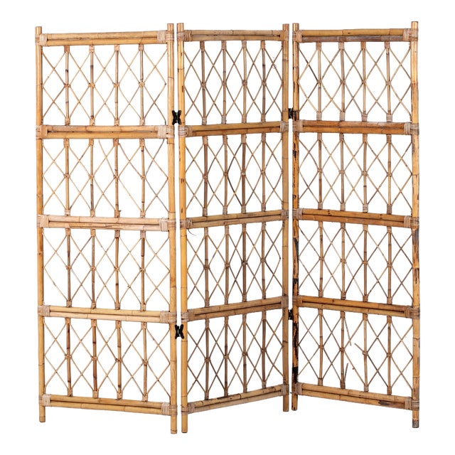 Vintage Bamboo and Rattan Folding Screen, 1970s, Set of 2 For Sale