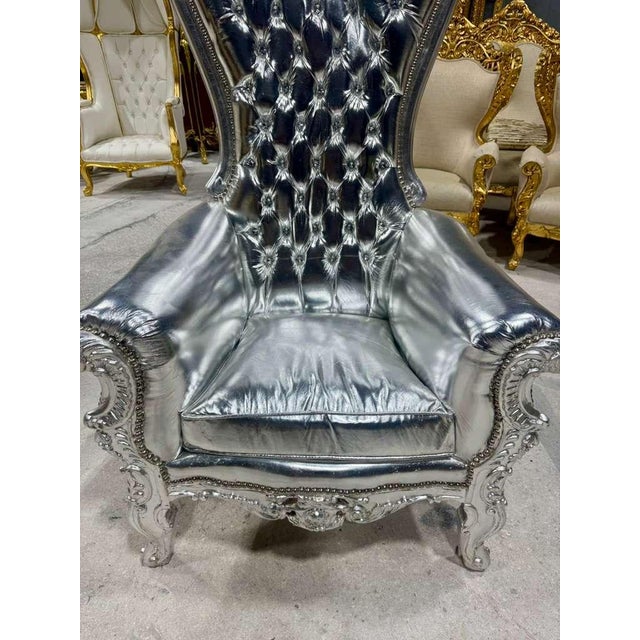 Silver French Throne Chair – Silver Leather High-Back For Sale - Image 8 of 9