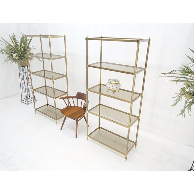 Mid-Century Modern Pair Decorative Brass Smoked Glass 4 Tier Shelves Vitrines Etageres Displays For Sale - Image 3 of 14