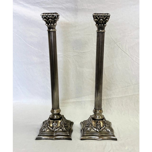 Vintage Large Corinthian Style Silverplate Candlesticks- a Pair For Sale - Image 10 of 10