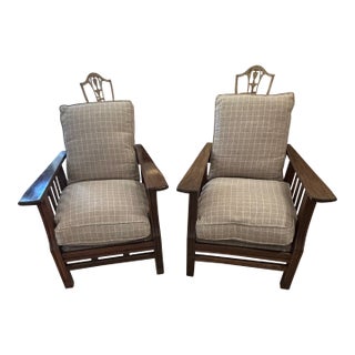 Arts & Crafts Morris Style Club Chairs With Grey Flannel Plaid -a Pair For Sale