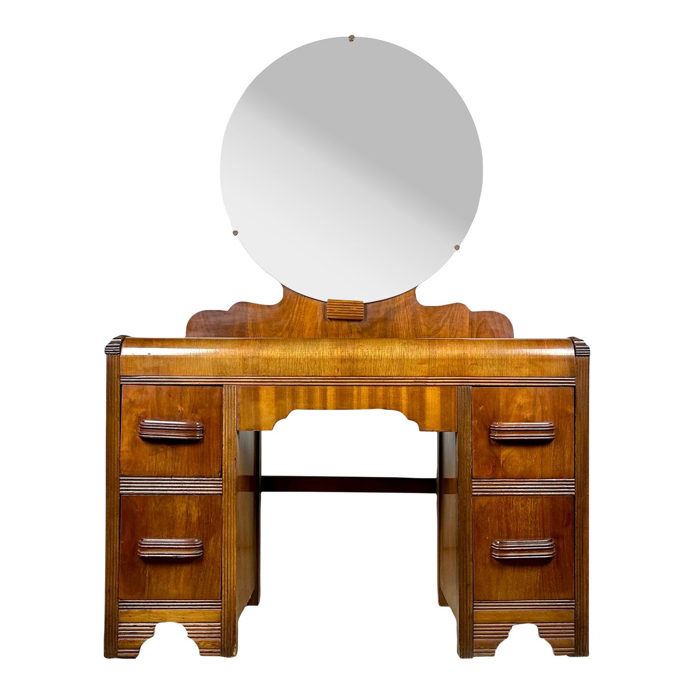 1940’s Art Deco Waterfall Vanity With Round Mirror by b Furniture