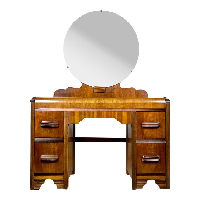 1940’s Art Deco Waterfall Vanity With Round Mirror by Webb Furniture For Sale