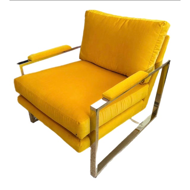 1970s Milo Baughman Attributed Chrome Lounge Chair in Yellow Velvet For Sale