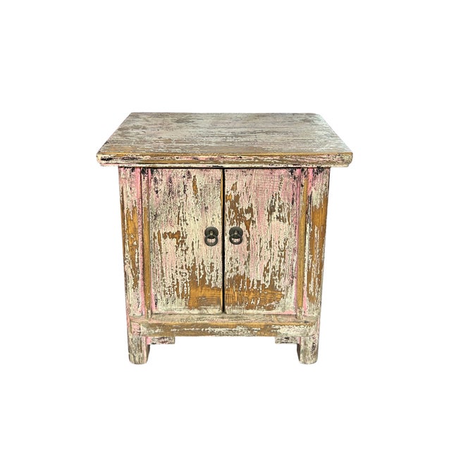 1990s 16.25" Distressed Pink Brown 2 Doors End Table Nightstand Chest For Sale - Image 5 of 6