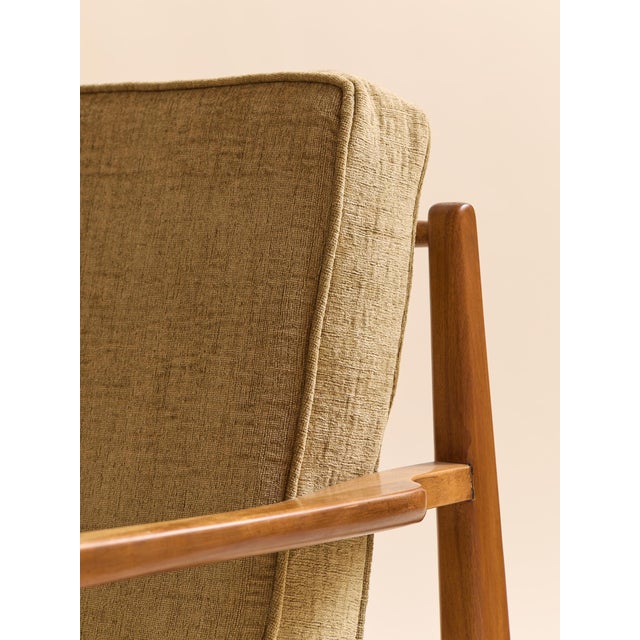 The Vintage MCM Teak Exposed Frame Arm Chair, Newly Upholstered For Sale - Image 12 of 14