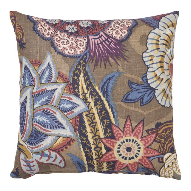 Schumacher Zanzibar Linen Print Pillow in Cerulean For Sale