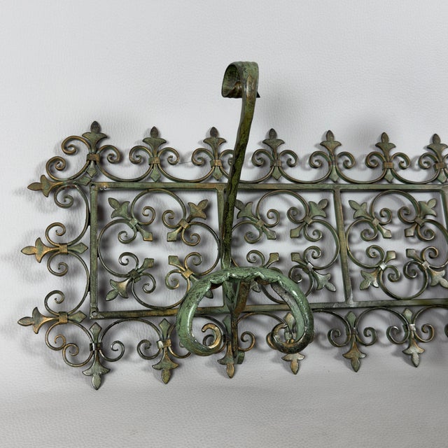 Antique Green Wrought Iron Wall Coat Rack with Floral Decorations, 20th Century For Sale - Image 3 of 11